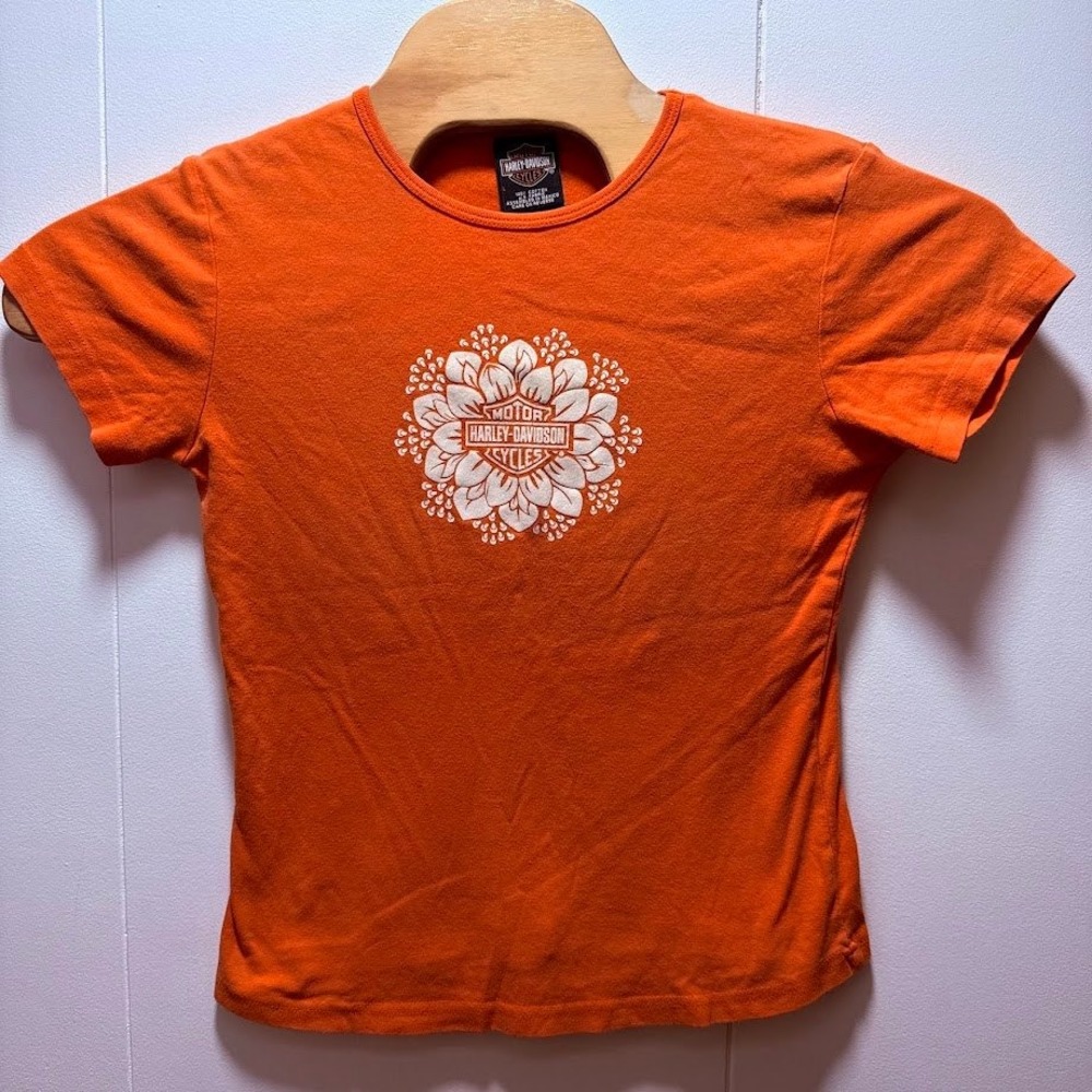 Harley-Davidson Maui Hawaii Orange Floral Logo Graphic T-Shirt Womens Large